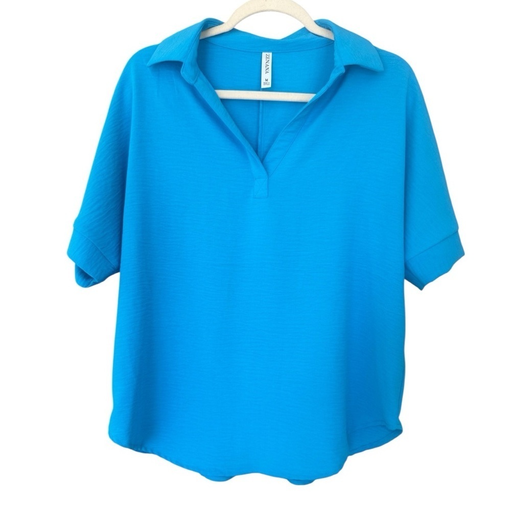 Zenana Outfitters Blue  Neck Shirt Casual Vibrant Layer Sz M